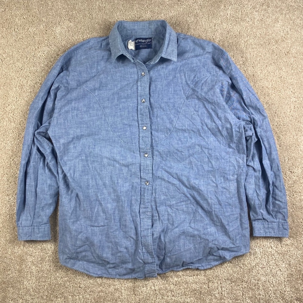 Vintage Wrangler Western Shirt Blue Chambray Pearl Snap Made in USA 13/14